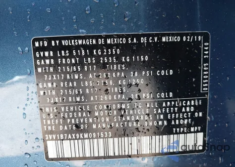2019 Volkswagen Tiguan 2.0T S from USA, damaged, VIN 3VV1B7AX9KM091533